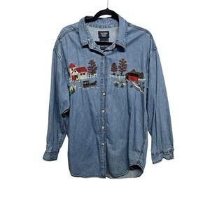 Vintage Solutions Women's Denim Farm Farmhouse Embroidered Button Down Shirt 1X